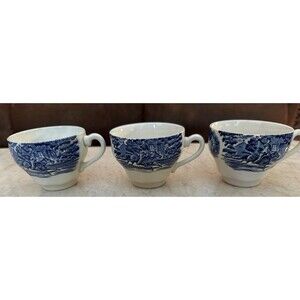 Blue Willow FLOW BLUE 3 cups RARE English motif  TRANSFERWARE Crazing Old
